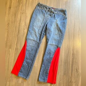 Women’s Blue Denim Jeans with Red Sides and Tie Up